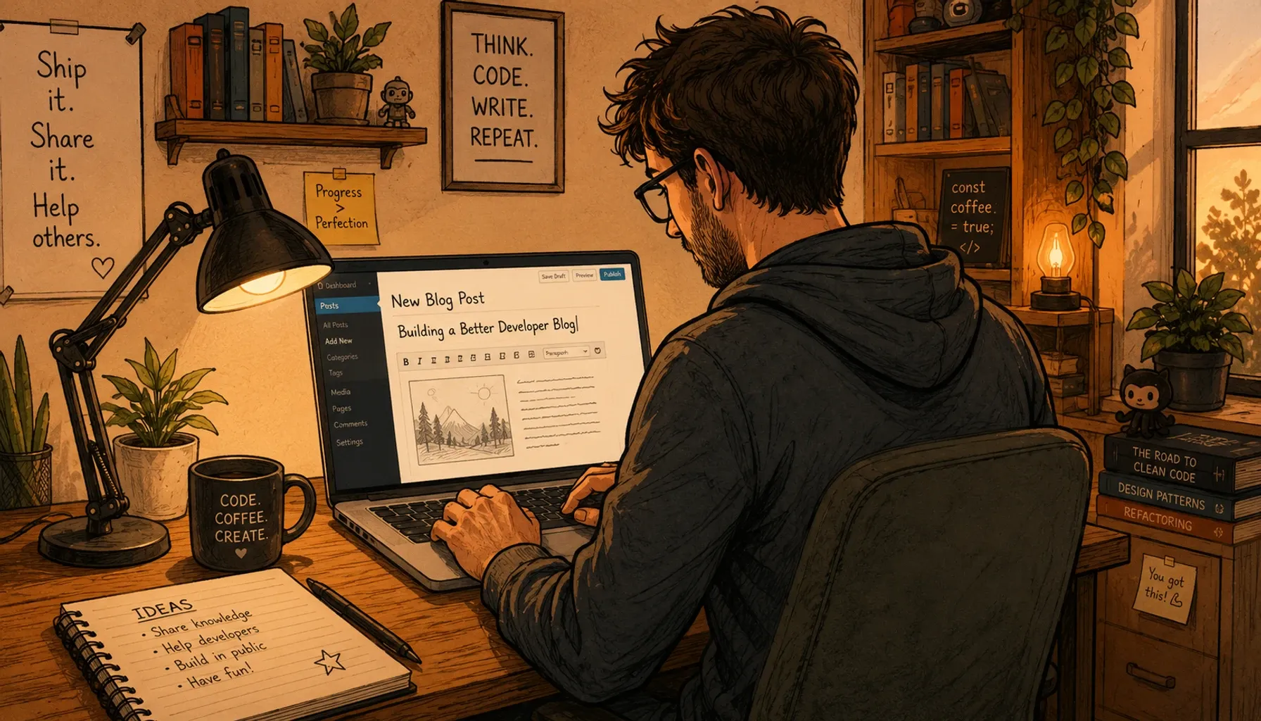 Illustration eines Entwicklers, der abends an seinem Schreibtisch einen neuen Blogartikel schreibt — mit Notizbuch, Kaffeetasse und einem Bücherregal voller Software-Klassiker.