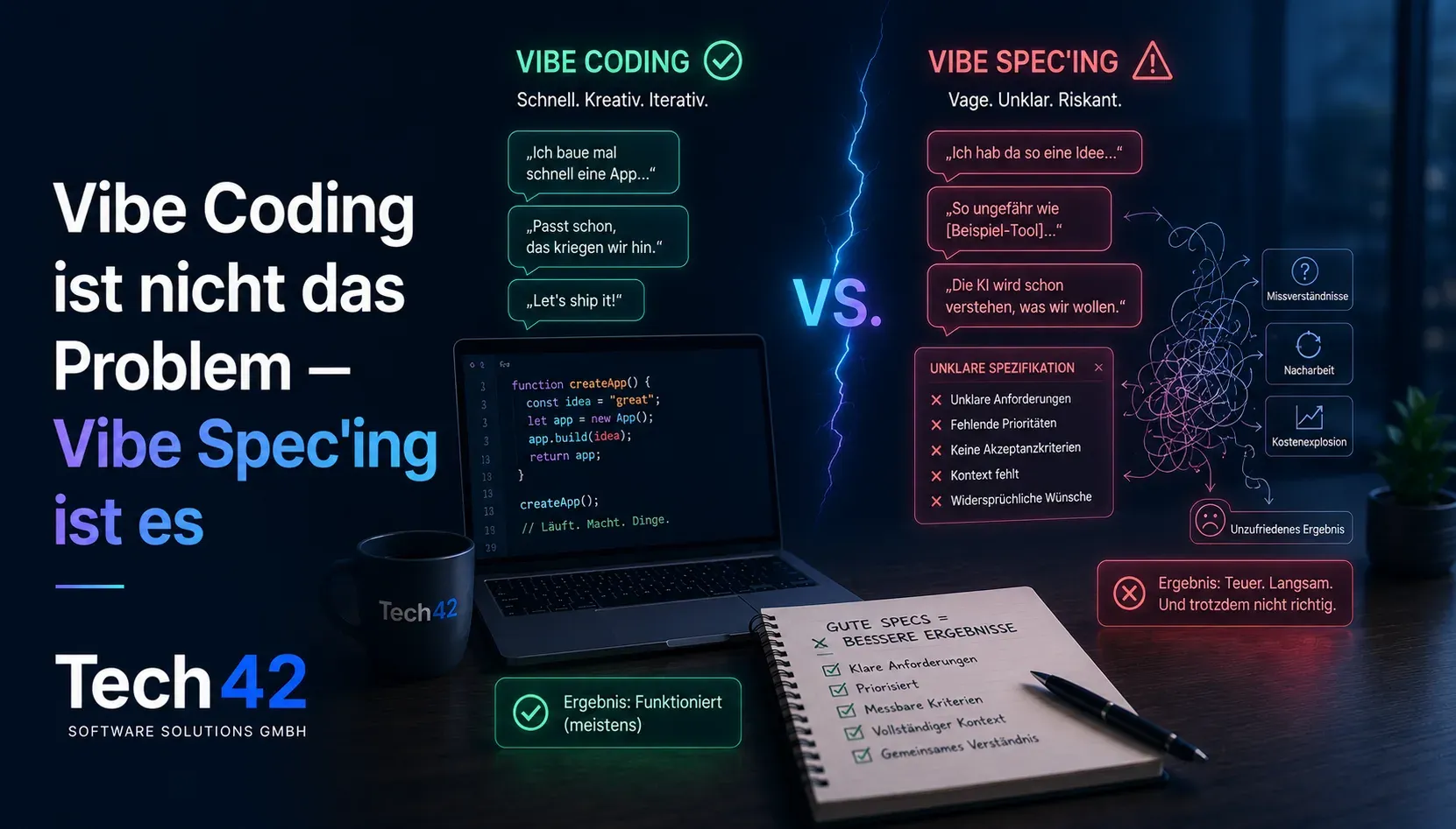 Vergleichs-Infografik 'Vibe Coding vs. Vibe Spec'ing': links Vibe Coding als schneller, meist funktionierender Entwicklungsstil, rechts Vibe Spec'ing mit unklarer Spezifikation, die zu Missverständnissen, Nacharbeit und Kostenexplosion führt — gute Specs ergeben bessere Ergebnisse.