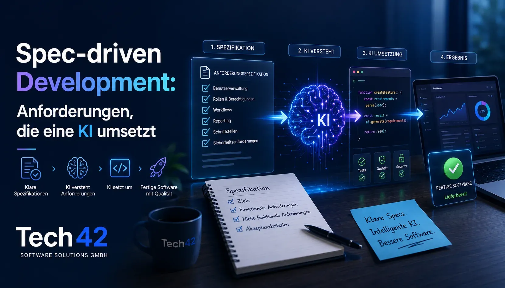 Infografik zu Spec-driven Development: eine Anforderungsspezifikation fließt über eine KI in generierten Code und geprüfte, lieferbereite Software — vier Schritte von der klaren Spezifikation bis zur fertigen Software mit Qualität.