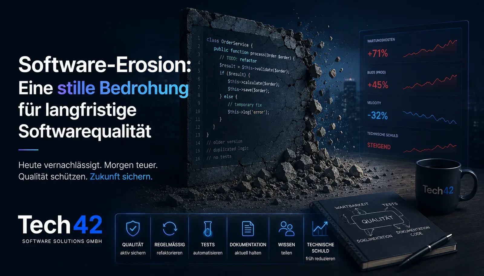 Software-Erosion visualisiert: zerfallender Code, daneben steigende Wartungskosten, mehr Bugs und sinkende Velocity.
