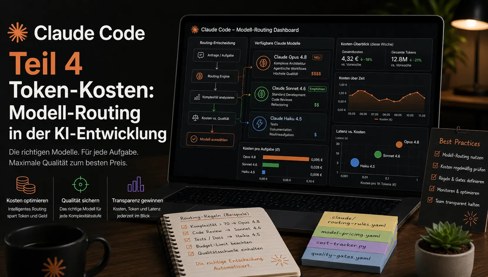 Modell-Routing in der KI-Entwicklung: ein Feature durchläuft drei Phasen — Spezifikation auf dem Top-Modell, Implementierung auf einem günstigeren Arbeitspferd, Review wieder oben — mit sichtbarem Token-Verbrauch pro Phase