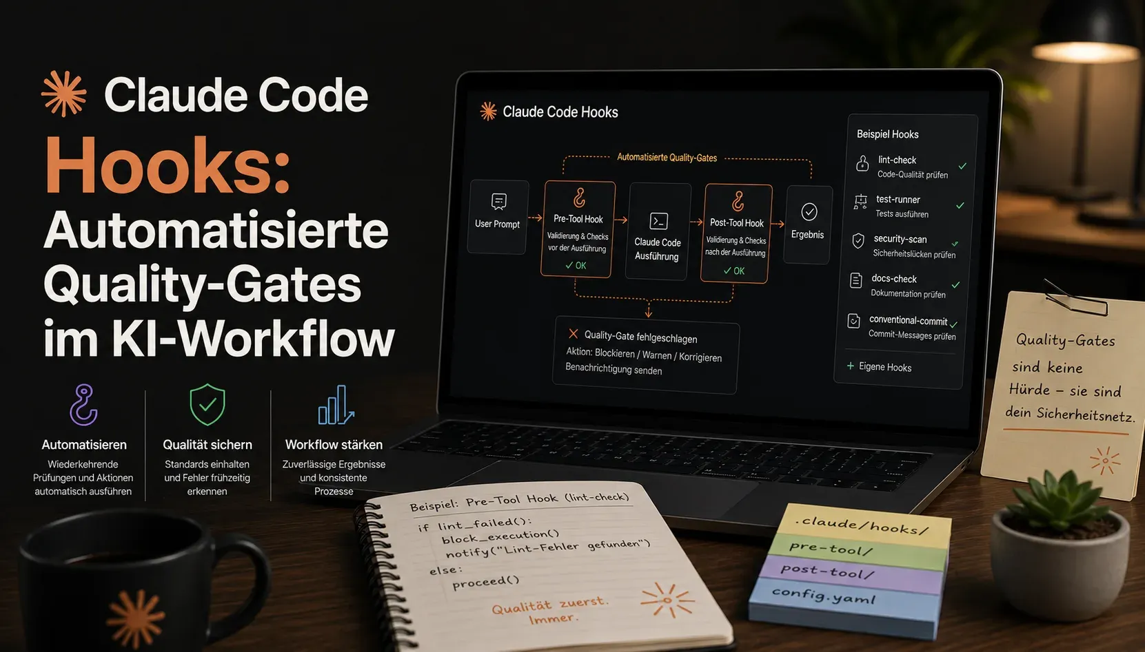 Dashboard von Claude Code Hooks als automatisierte Quality-Gates: ein User-Prompt durchläuft Pre-Tool- und Post-Tool-Hooks mit Format-, Test- und Security-Checks, die mit OK oder Blockieren entscheiden