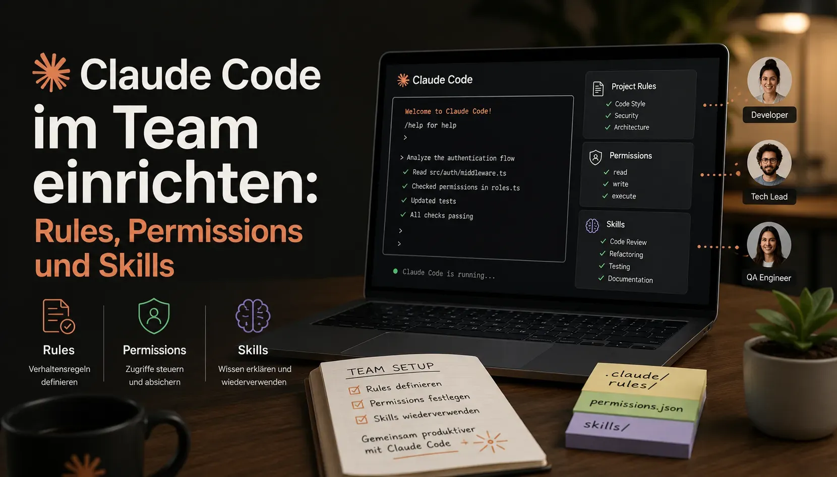 Laptop mit Claude-Code-Terminal-Session, daneben Karten für Project Rules, Permissions und Skills sowie Team-Profile (Developer, Tech Lead, QA Engineer) — Claude Code im Team einrichten