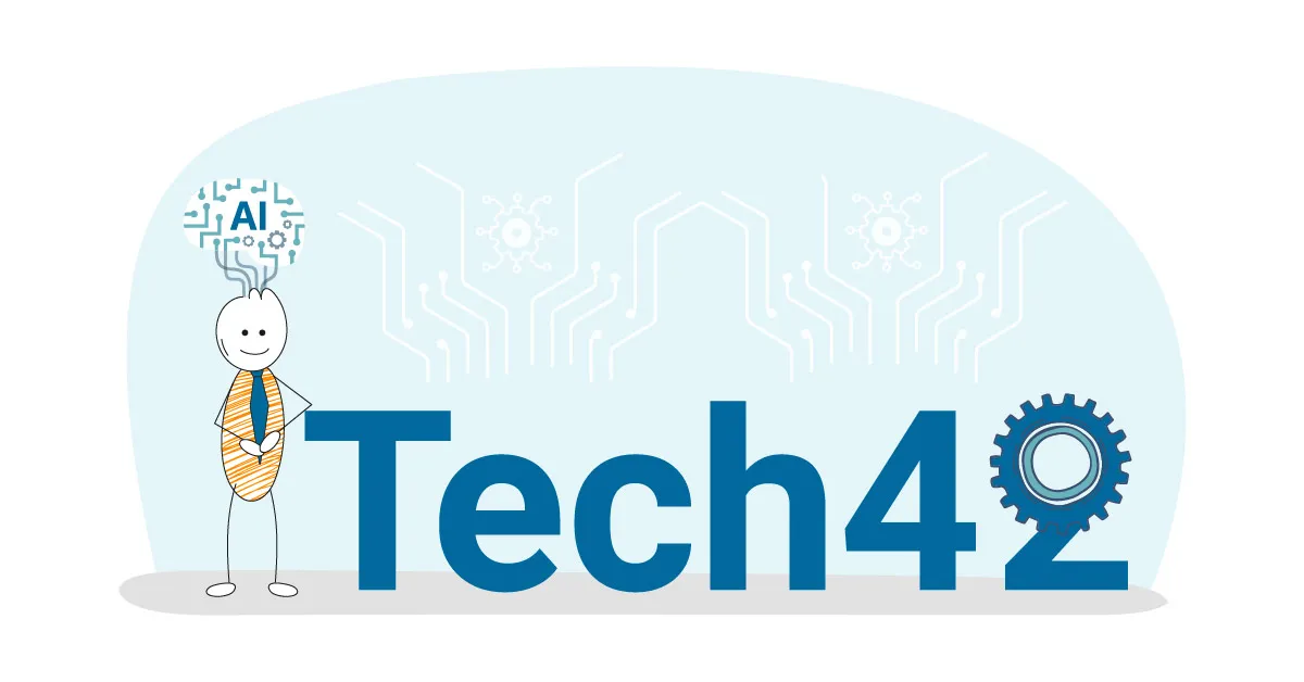 Joey, das Tech42-Maskottchen, mit einem AI-Schaltkreis-Symbol über dem Kopf