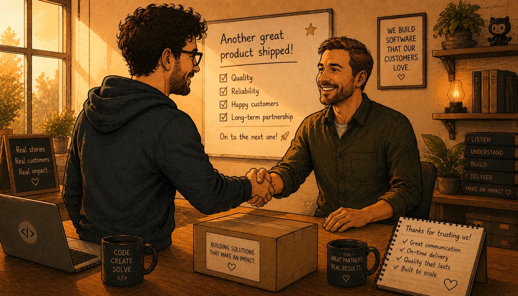 Illustration: Zwei Entwickler reichen sich nach erfolgreichem Projekt die Hand, im Hintergrund eine Whiteboard-Checkliste mit Qualität, Zuverlässigkeit, zufriedenen Kunden und langfristiger Partnerschaft.