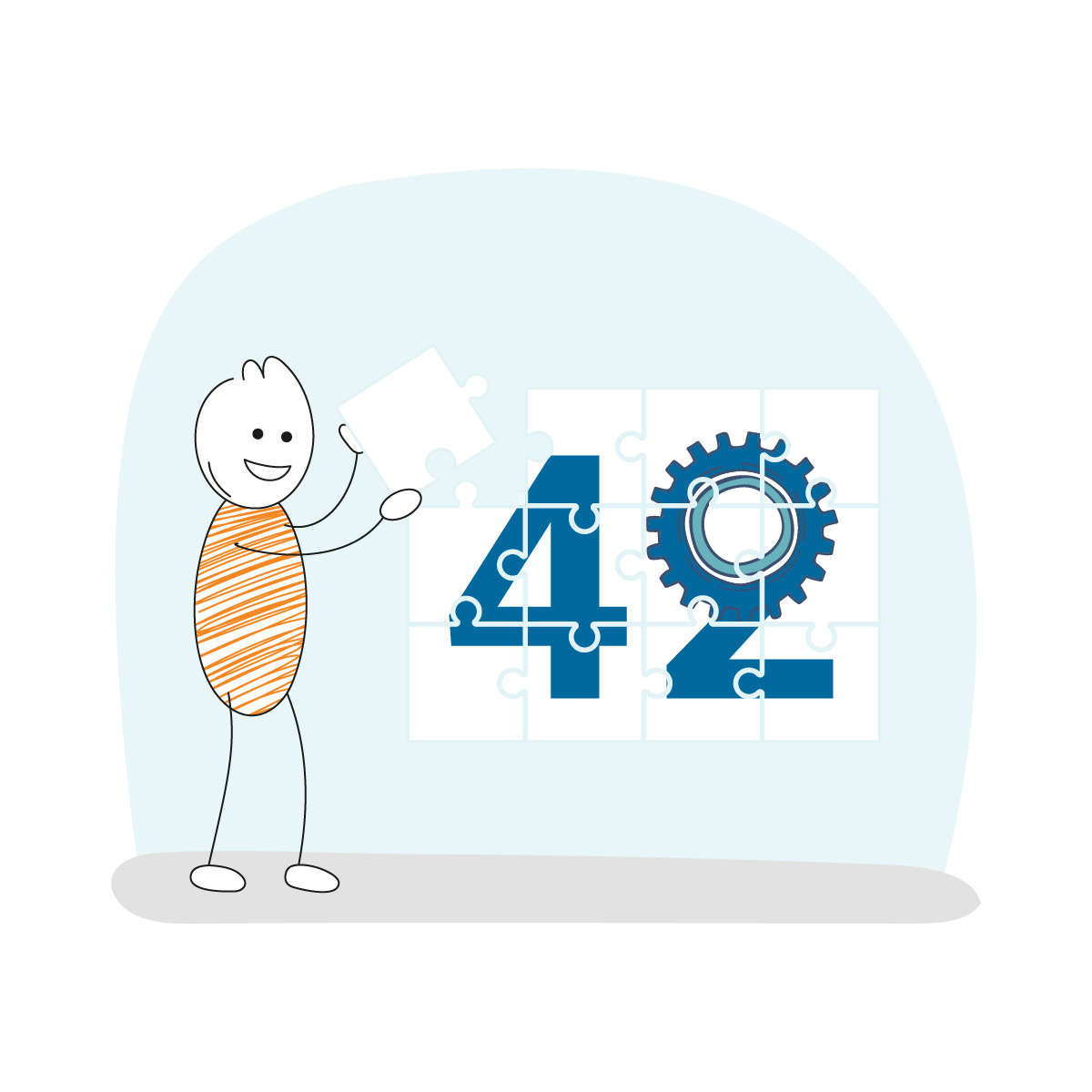 Joey, das Tech42-Maskottchen, setzt das letzte Puzzleteil ins Tech42-Logo — Symbol für KI-Werkzeuge, die im Team passend eingerichtet werden